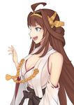  ahoge arm_up bare_shoulders blue_eyes breasts brown_hair cleavage detached_sleeves double_bun hairband headgear highres japanese_clothes kantai_collection kongou_(kantai_collection) large_breasts liu_lan long_hair looking_to_the_side nontraditional_miko open_mouth ribbon-trimmed_sleeves ribbon_trim solo teeth 