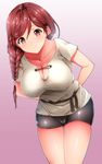  bike_shorts braid breasts cameltoe cleavage covered_nipples gradient gradient_background hai_to_gensou_no_grimgar hair_over_shoulder large_breasts leaning_forward long_hair pink_background red_eyes red_hair shumichi single_braid smile solo thighs yume_(grimgar) 