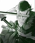  1boy bandanna haramaki male_focus monochrome one-eyed one_piece roronoa_zoro scar solo sword weapon 