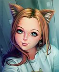  animal_ears artist_name brown_hair cat_ears closed_mouth earrings green_eyes head_tilt jewelry lips locker long_hair long_sleeves nikita_varb original realistic self_shot shirt smile solo t-shirt taking_picture upper_body watermark web_address white_shirt 