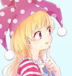  american_flag_dress bangs blonde_hair clownpiece eyebrows finger_to_chin frilled_shirt_collar frills hat highres honotai index_finger_raised jester_cap long_hair neck_ruff nervous pink_hair polka_dot ringed_eyes shirt simple_background solo sweat touhou upper_body very_long_hair 