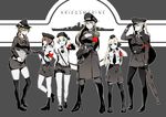  6+girls adjusting_clothes adjusting_gloves alternate_costume armband bismarck_(kantai_collection) black_footwear black_legwear black_skirt blonde_hair blue_eyes boots brown_eyes brown_hair cape german gloves graf_zeppelin_(kantai_collection) green_eyes gun hat headset iron_cross kantai_collection knee_boots kneehighs long_hair long_sleeves looking_at_viewer low_twintails military military_hat military_uniform multiple_girls necktie pantyhose peaked_cap pencil_skirt ponytail prinz_eugen_(kantai_collection) rifle salute short_hair shorts skirt smile sword thighhighs twintails u-511_(kantai_collection) uniform weapon white_legwear z1_leberecht_maass_(kantai_collection) z3_max_schultz_(kantai_collection) zettai_ryouiki 