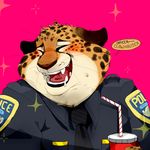  :d ^_^ ^o^ bad_deviantart_id bad_id benjamin_clawhauser black_jacket black_neckwear character_name cheetah closed_eyes collar cup drinking_straw drooling emblem fangs furry jacket male_focus necktie no_humans open_mouth pink_background police police_uniform policeman reeiden saliva simple_background smile sparkle teeth uniform whiskers zootopia 