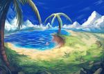  beach cloud day giantess grass ikamusume leaf outdoors palm_tree rock shinryaku!_ikamusume sky solo tree water yilx 