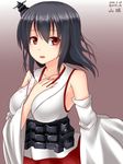  black_hair blouse breasts detached_sleeves floral_print hair_ornament hanazome_dotera hand_on_own_chest japanese_clothes kantai_collection large_breasts nontraditional_miko red_eyes sash short_hair solo wide_sleeves yamashiro_(kantai_collection) 