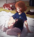  arm_support bare_shoulders barefoot black_hair blanket brown_eyes brown_hair clothes_removed eighth_note folded_clothes futon futonchan hand_in_another's_hair hand_on_another's_head hibike!_euphonium highres indoors instrument instrument_case kousaka_reina lap_pillow looking_away lying multiple_girls musical_note on_side oumae_kumiko pillow school_uniform shirt sitting sleepwear sleepy sticker suitcase t-shirt tatami trumpet under_covers wariza yuri 