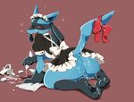  &lt;3 ambiguous_gender anthro apron black_fur blue_fur blush bottomless bow butt canine clothed clothing cum cum_on_butt cum_on_face dress fur kneeling looking_at_viewer looking_back lucario maid_uniform mammal messy nintendo open_mouth pok&eacute;mon raised_tail red_eyes ribbons solo thick_thighs tongue tongue_out uniform video_games wide_hips 狐津 