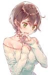  ahoge bare_shoulders blush brown_hair collarbone copyright_request dsmile embarrassed eyebrows eyebrows_visible_through_hair green_eyes hand_on_own_chest long_sleeves looking_away looking_down off-shoulder_sweater open_mouth short_hair solo sweater upper_body white_background 
