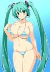  adapted_costume alternate_breast_size aqua_eyes aqua_hair arm_behind_back bangs bikini blue_background blue_bikini blush body_blush breasts bursting_breasts cleavage clenched_hand closed_mouth collarbone colorized cowboy_shot eyebrows_visible_through_hair gradient gradient_background groin hair_between_eyes hair_ornament happy hatsune_miku head_tilt headphones hips hormone_koijirou large_breasts legs_together light_smile long_hair looking_at_viewer micro_bikini navel outline pulled_by_self sideboob skindentation smile solo standing straight_hair strap_gap strap_pull string_bikini striped striped_bikini swimsuit thighs twintails tzoli underboob very_long_hair vocaloid 