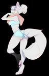  2015 anthro black_background blue_eyes blush breasts butt canine clothed clothing facial_piercing female fluffy_tail fur furry-specific_piercing hair hair_up kei_(missjucca) mammal midriff muzzle_piercing nose_piercing pawpads piercing raised_leg simple_background skimpy solo standing teil towel white_fur white_hair wolf 