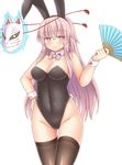  animal_ears bare_arms blush bow bowtie breasts brown_legwear bunny_ears bunny_tail bunnysuit cleavage covered_navel detached_collar fake_animal_ears fan folding_fan fox_mask hand_on_hip hata_no_kokoro highleg highres jitome large_breasts light_smile long_hair looking_at_viewer mask noh_mask pink_eyes pink_hair simple_background smile solo string tail thighhighs touhou white_background wrist_cuffs yuu_(yu0221f) 