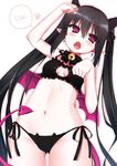  ass_visible_through_thighs bell bell_choker black_hair black_panties blush breasts cat_ear_panties cat_lingerie choker cleavage cleavage_cutout demon_tail demon_wings earrings fangs hair_ribbon highres jewelry jingle_bell long_hair meme_attire mousou_raichi navel open_mouth original panties paw_pose pink_eyes pointy_ears ribbon side-tie_panties small_breasts solo tail underwear very_long_hair wings 
