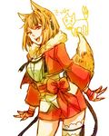  9wa animal_ears blonde_hair contrapposto eyebrows eyebrows_visible_through_hair fang fingernails fire_emblem fire_emblem_if fox_ears fox_tail fur_trim hair_ornament head_tilt japanese_clothes kimono kinu_(fire_emblem_if) looking_at_viewer lowres multicolored_hair obi open_mouth sash scribble short_hair short_kimono smile solo standing streaked_hair tail tassel teeth thighs wrist_wrap yellow_eyes 