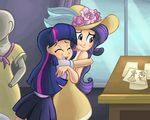  blue_eyes blush drawing equine eyes_closed female friendship_is_magic hair hat horn horse hug human humanized inside long_hair looking_back mammal multicolored_hair my_little_pony not_furry pony purple_hair rarity_(mlp) ric-m smile table twilight_sparkle_(mlp) 