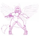  2016 5_toes ami_(yaita) anthro armor avian beak big_breasts breasts clothed clothing embarrassed female gryphon gun hair huge_breasts long_hair navel ranged_weapon simple_background sketch solo standing thick_thighs tight_clothing toes unconvincing_armor voluptuous weapon white_background wide_hips wings wyntersun 