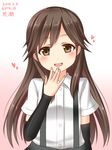  arashio_(kantai_collection) arm_warmers blouse blush brown_eyes brown_hair character_name dated hanazome_dotera heart kantai_collection long_hair looking_at_viewer nail_polish open_mouth shirt short_sleeves skirt smile solo suspenders twitter_username white_blouse 