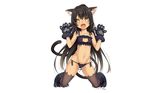  @ichigo animal_ears black_hair blush breasts brown_eyes cat_smile catgirl cleavage dark_skin fang gloves long_hair multiple_tails navel original panties tail thighhighs underwear white 