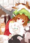  animal_ears brown_hair cat cat_ears cat_girl cat_tail chen earrings hat highres japa jewelry mob_cap multiple_tails single_earring smile solo tabard tail touhou 