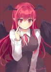 &gt;:) bat_wings between_breasts blush breasts collared_shirt colored_eyelashes commentary_request culter dress_shirt eyelashes hair_between_eyes head_wings index_finger_raised koakuma large_breasts long_hair long_sleeves looking_at_viewer necktie necktie_between_breasts pointy_ears red_background red_eyes red_hair red_neckwear shirt simple_background skirt skirt_set smile solo touhou twitter_username v-shaped_eyebrows very_long_hair vest white_shirt wings 