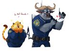  benjamin_clawhauser bovine buffalo cheetah chief_bogo clothing digital_media_(artwork) disney feline fur hi_res lowergold male mammal overweight simple_background zootopia 