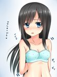  asashio_(kantai_collection) black_hair blue_bra blue_eyes blush bra hanazome_dotera kantai_collection long_hair looking_at_viewer navel open_mouth print_bra simple_background smile solo training_bra translated underwear upper_body 