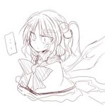  1girl alice_margatroid bangs bow commentary_request cosplay frown greyscale hair_bobbles hair_ornament looking_at_viewer monochrome satou_kibi shawl shinki shinki_(cosplay) short_hair side_ponytail sketch solo spoken_ellipsis sweatdrop touhou touhou_(pc-98) upper_body wings 