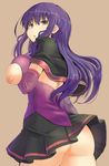  ass breasts elbow_gloves gloves itou_ryuusei large_breasts long_hair looking_at_viewer looking_down malariya nipples no_panties pink_background purple_eyes purple_hair quiz_magic_academy simple_background skirt solo thighs 