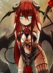  aqua_eyes bandages bare_shoulders black_legwear black_panties blush bound bound_arms chain commentary_request demon_girl demon_horns demon_tail demon_wings earrings flower head_wings horns jewelry leaning_forward long_hair looking_at_viewer maho_moco navel original panties plant pointy_ears red_flower red_hair red_rose revealing_clothes rose scar sidelocks solo tail thighhighs underwear very_long_hair vines wings 