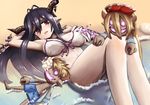  antenna_hair bags_under_eyes bandaged_arm bandages bangs beach blush breasts covered_nipples dakunesu danua doll draph front-tie_bikini front-tie_top granblue_fantasy gretel_(granblue_fantasy) hair_between_eyes hansel_(granblue_fantasy) horns large_breasts long_hair lying midriff on_back open_mouth outdoors pale_skin red_eyes sand_dollar solo stuffed_toy water 
