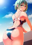  ass backless_outfit bad_id bad_pixiv_id bangs bare_arms bare_shoulders black_swimsuit blue_sky blunt_bangs breasts cloud competition_swimsuit day eyebrows eyebrows_visible_through_hair from_behind green_hair higa lens_flare light_rays looking_at_viewer medium_breasts one-piece_swimsuit original outdoors shiny shiny_skin short_hair sky solo standing sunlight swimsuit thighs yellow_eyes 