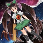  arm_cannon black_hair black_legwear bow cape feathered_wings frills hair_bow long_hair monrooru ponytail red_eyes reiuji_utsuho solo space third_eye touhou very_long_hair weapon wings 