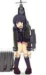  backpack bad_id bad_twitter_id bag black_eyes black_hair black_legwear collarbone commentary full_body kantai_collection kitakami_(kantai_collection) knees_together_feet_apart kozou_(rifa) loafers long_sleeves open_mouth panties panty_pull school_uniform serafuku shoes simple_background skirt solo standing torpedo underwear white_background white_panties 