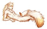  2012 anthro canine chest_tuft cum cum_drip dagger_leonelli dripping erection fur male mammal nude orange_eyes penis reclining simple_background smile solo tuft white_background white_fur wolf 