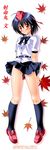  arms_behind_back ass_visible_through_thighs autumn_leaves belt black_bow black_legwear black_neckwear black_skirt blush bow bowtie eyebrows eyebrows_visible_through_hair fan full_body groin hair_between_eyes hat heart heart-shaped_pupils highres holding kneehighs leaf leaf_on_head loafers no_panties onna_kishi_no_shiro pigeon-toed pleated_skirt puffy_short_sleeves puffy_sleeves red_eyes red_hair red_hat shameimaru_aya shirt shoes short_hair short_sleeves simple_background skirt skirt_lift smile solo standing symbol-shaped_pupils tareme tokin_hat touhou watermark web_address white_background white_shirt 