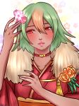  1girl alternate_costume choker dark_skin fire_emblem fire_emblem_heroes floral_background flower fur-trimmed_kimono fur_trim green_hair hair_between_eyes hair_flower hair_ornament head_tilt highres japanese_clothes kimono laegjarn_(fire_emblem_heroes) looking_at_viewer multicolored_hair nintendo orange_hair red_choker red_eyes short_hair solo streaked_hair two-tone_hair upper_body yumikari07 