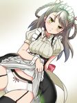  black_legwear black_skirt blush braid cowboy_shot dutch_angle expressionless flower_knight_girl grey_hair hair_rings long_hair looking_at_viewer maid_headdress panties skirt skirt_lift snowflake_(flower_knight_girl) solo thigh_strap thighhighs underwear white_panties wrist_cuffs yellow_eyes zouni_(xavier) 