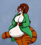  anthro bear belly big_belly big_breasts black_nose breasts brown_fur brown_hair clothing female fur hair mammal miyuki_(helzimgiger) multicolored_hair panda pandaren piercing pregnant purple_hair quib video_games warcraft 