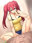  black_bra board_game bra breasts character_request cleavage copyright_request covered_navel hijiri large_breasts red_eyes red_hair shorts shougi sitting solo twintails underwear 