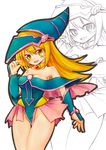  1girl bare_legs bare_shoulders blonde_hair boots breasts dark_magician_girl duel_monster female hat highres ico_(green_bullet) large_breasts legs long_hair magical_girl sketch skirt smile solo wizard_hat yu-gi-oh! yuu-gi-ou_duel_monsters 