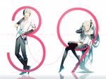  1girl 39 2016 character_name closed_eyes commentary dated detached_sleeves dress_shirt genderswap genderswap_(ftm) hatsune_miku hatsune_mikuo long_hair necktie pale_skin pants rella shirt short_hair sitting smile thighhighs twintails very_long_hair vocaloid white_background zettai_ryouiki 