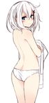  ass back bangs blue_eyes blush closed_mouth cowboy_shot from_behind hair_between_eyes hair_ornament hairclip highres looking_at_viewer looking_back original otokuyou panties ringo-chan_(otokuyou) shirt shirt_removed simple_background solo standing topless underwear underwear_only white_background white_hair white_panties white_shirt 