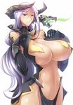  breasts curvy dragon haganef huge_breasts original purple_eyes purple_hair revealing_clothes simple_background smile solo thighs white_background wide_hips 
