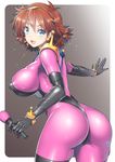  ass blue_eyes bodysuit breasts brown_hair covered_nipples curvy g_gundam gundam gundam_build_fighters hairband large_breasts looking_at_viewer microphone mobile_trace_suit nagase_haruhito open_mouth pink_bodysuit puffy_nipples rain_mikamura short_hair sideboob skin_tight smile solo sweat thighs 