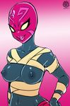 2016 artist_name bandages blue_skin breasts dated guacamelee! hand_on_hip highres lips luchador luchador_mask mask navel nipples parted_lips pink_background revtilian smile solo tostada watermark 