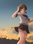  absurdres baffu brown_hair cloud commentary_request fubuki_(kantai_collection) green_eyes highres kantai_collection low_ponytail outdoors pleated_skirt power_lines remodel_(kantai_collection) school_uniform serafuku skirt skyline solo star_(sky) sunset twilight 