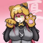  bear_hood blush breasts commentary_request eyebrows fat gloves green_eyes highres jacket large_breasts long_hair looking_at_viewer necktie paw_gloves paw_pose paws pink_hair plump scarf serious shibaemon shinken!! solo thick_eyebrows toushirou_atsumi very_long_hair 
