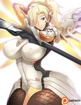  arm_up blonde_hair blue_eyes breasts covered_nipples curvy haganef hair_over_one_eye huge_breasts impossible_clothes light_smile long_hair looking_at_viewer mechanical_halo mechanical_wings mercy_(overwatch) overwatch pantyhose simple_background solo staff thighs white_background wide_hips wings yellow_wings 