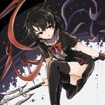  asymmetrical_wings bangs black_dress black_hair black_legwear dress duplicate floating hisona_(suaritesumi) houjuu_nue looking_to_the_side open_mouth polearm red_eyes red_ribbon ribbon short_dress short_sleeves sketch solo thighhighs touhou trident weapon wings wrist_cuffs 