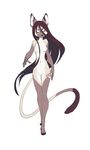  4_toes anthro breasts cat dark_hair enlus featureless_breasts feline female front_view gloves_(marking) hair half-closed_eyes kurai_(redmight) long_hair looking_at_viewer mammal markings monochrome navel nude plantigrade simple_background slim toes walking white_background white_belly yellow_eyes 