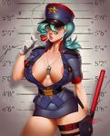  aqua_hair areola_slip areolae between_breasts breasts breasts_apart candy covered_nipples food gloves hat height_chart high_collar highres huge_breasts huge_nipples junsaa_(pokemon) lips lollipop long_hair microskirt no_bra nose pokemon pokemon_(anime) police police_uniform policewoman red_eyes saliva saliva_trail skirt slender_waist solo taboolicious thigh_pouch uniform white_gloves 